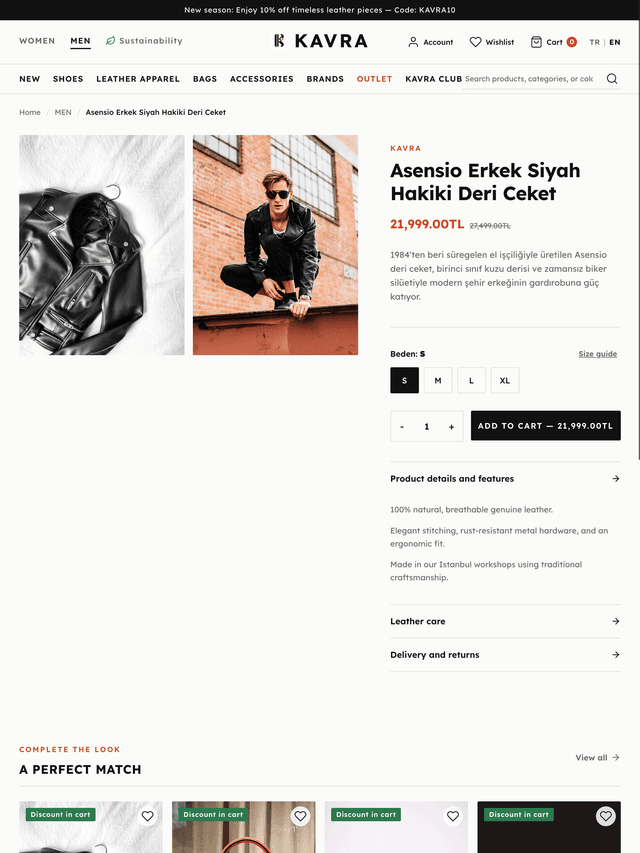 Product detail page on tablet